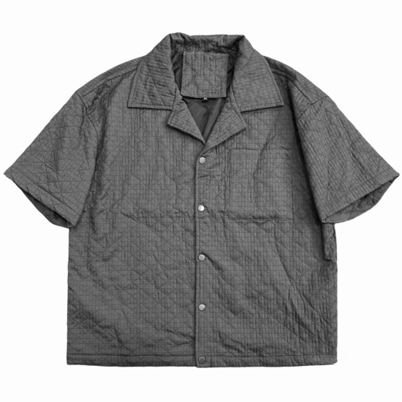 Men’s Dark Gray Quilted Short Sleeve Shirt Button Up Cross Design - Picture 8 of 9